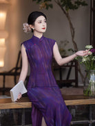 Beth and Brian Qipao-LSB Purple Ombre Ripple Print, Mesh long Cheongsam