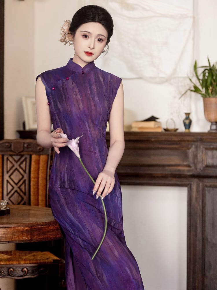 Beth and Brian Qipao-LSB Purple Ombre Ripple Print, Mesh long Cheongsam
