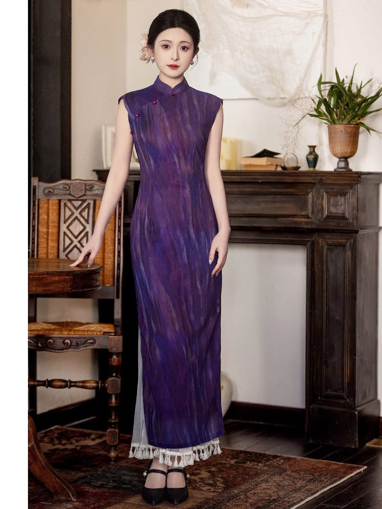 Beth and Brian Qipao-LSB Purple Ombre Ripple Print, Mesh long Cheongsam