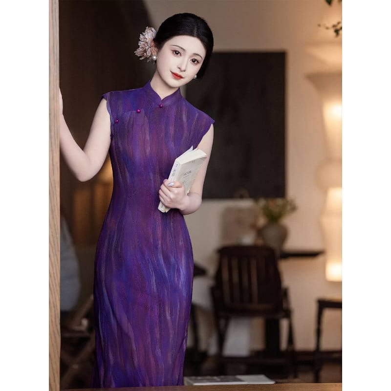 Beth and Brian Qipao-LSB Purple Ombre Ripple Print, Mesh long Cheongsam
