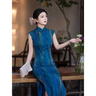 Beth and Brian Qipao-LSB Purple Ombre Ripple Print, Mesh long Cheongsam