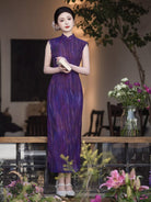 Beth and Brian Qipao-LSB Purple Ombre Ripple Print, Mesh long Cheongsam