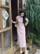 Beth and Brian Qipao-LSB Embossed Cotton-Polyester Blended Fabric, plaid pink midi Cheongsam