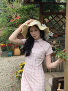 Beth and Brian Qipao-LSB Embossed Cotton-Polyester Blended Fabric, plaid pink midi Cheongsam