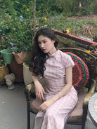 Beth and Brian Qipao-LSB Embossed Cotton-Polyester Blended Fabric, plaid pink midi Cheongsam
