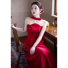 Beth and Brian Qipao-YLBM Ruby Red Satin Formal Qipao Dress with Peplum Top and Flared Skirt
