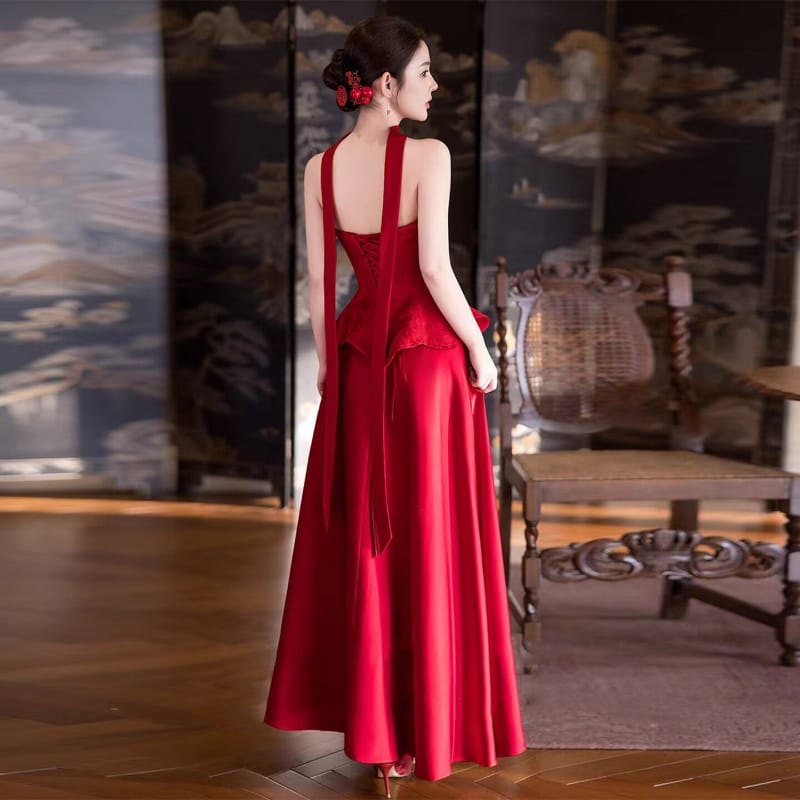 Beth and Brian Qipao-YLBM Ruby Red Satin Formal Qipao Dress with Peplum Top and Flared Skirt