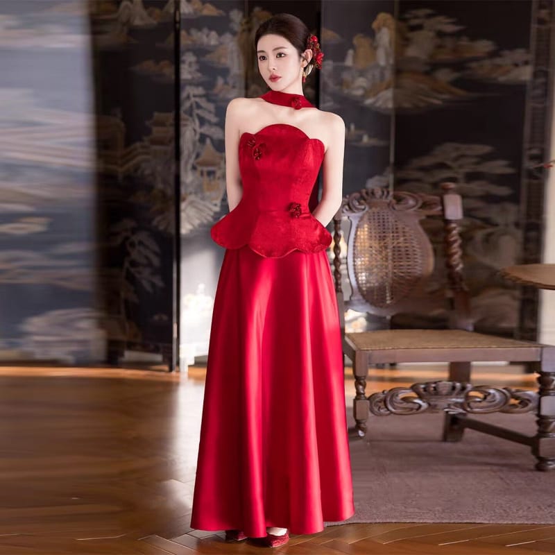 Beth and Brian Qipao-YLBM Ruby Red Satin Formal Qipao Dress with Peplum Top and Flared Skirt