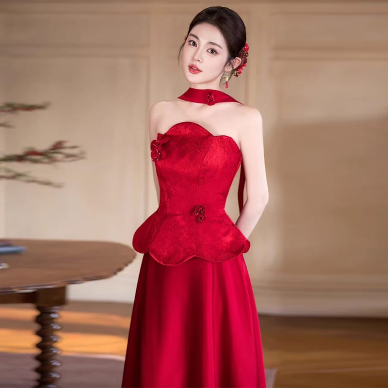 Beth and Brian Qipao-YLBM Ruby Red Satin Formal Qipao Dress with Peplum Top and Flared Skirt