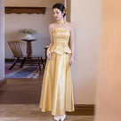 Beth and Brian Qipao-YLBM Ruby Red Satin Formal Qipao Dress with Peplum Top and Flared Skirt