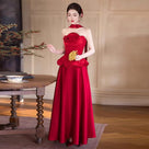 Beth and Brian Qipao-YLBM Ruby Red Satin Formal Qipao Dress with Peplum Top and Flared Skirt