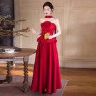 Beth and Brian Qipao-YLBM Ruby Red Satin Formal Qipao Dress with Peplum Top and Flared Skirt