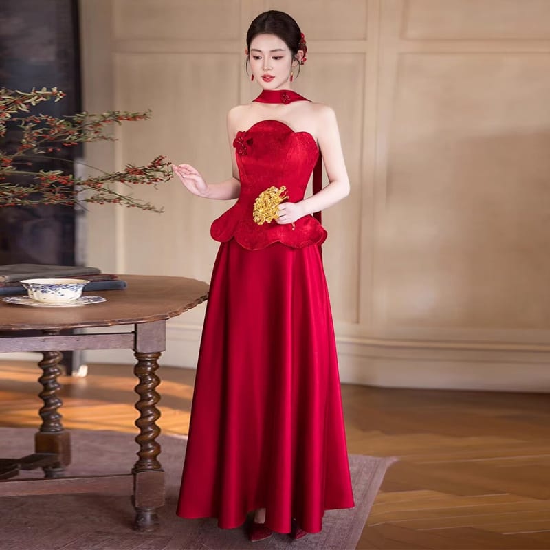 Beth and Brian Qipao-YLBM Ruby Red Satin Formal Qipao Dress with Peplum Top and Flared Skirt