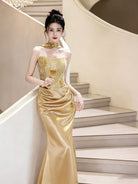 Beth and Brian Qipao-BY Victoria Gold Embroidered Mermaid Evening Cheongsam