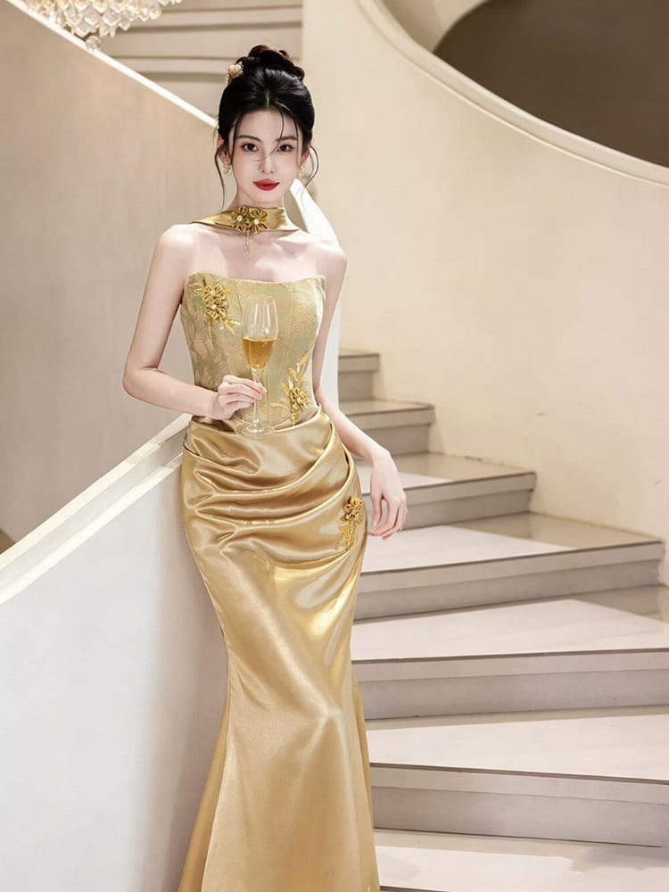 Beth and Brian Qipao-BY Victoria Gold Embroidered Mermaid Evening Cheongsam