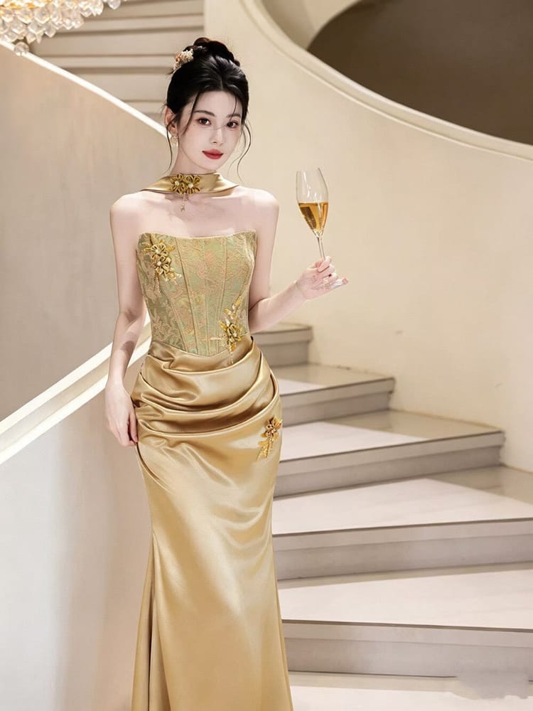 Beth and Brian Qipao-BY Victoria Gold Embroidered Mermaid Evening Cheongsam