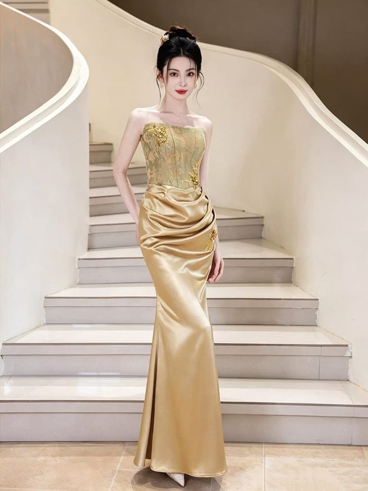 Beth and Brian Qipao-BY Victoria Gold Embroidered Mermaid Evening Cheongsam