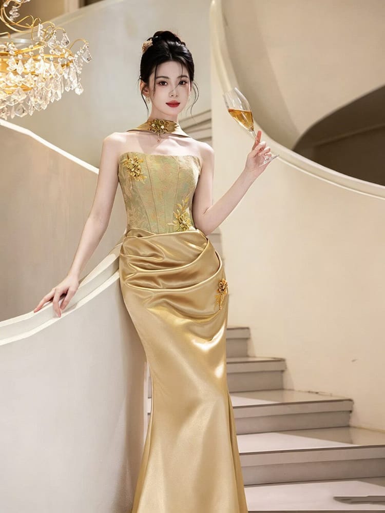 Beth and Brian Qipao-BY Victoria Gold Embroidered Mermaid Evening Cheongsam