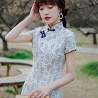 Beth and Brian Qipao-JM Emma Blue Floral Print Cotton Cheongsam With Short-Sleeve