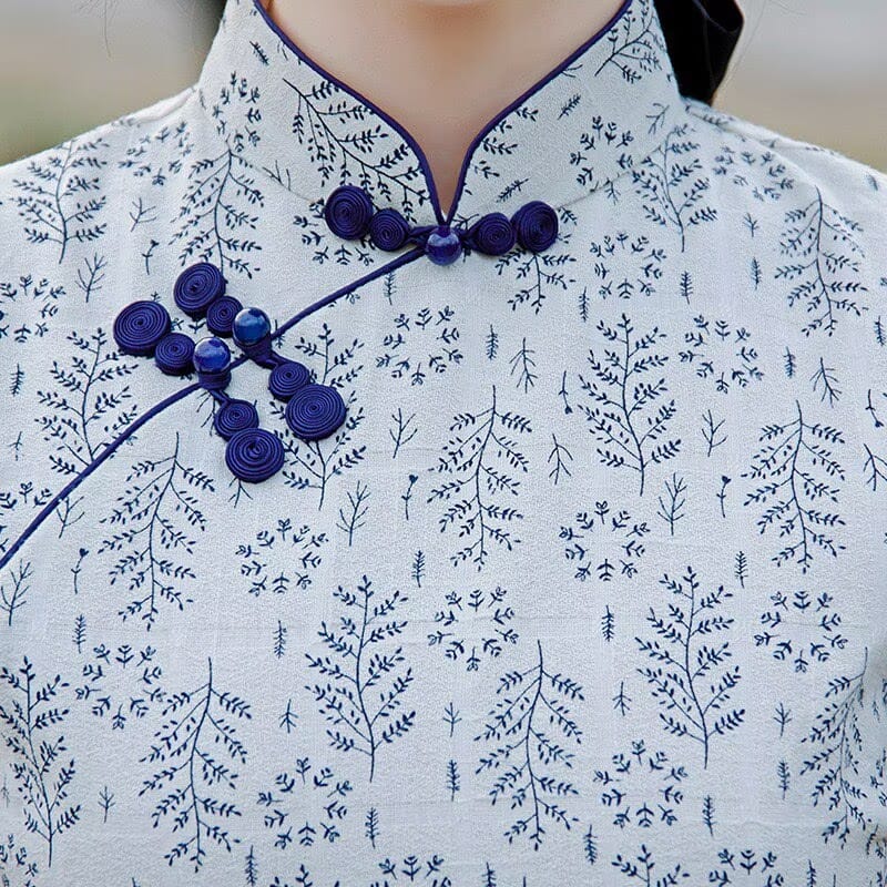 Beth and Brian Qipao-JM Emma Blue Floral Print Cotton Cheongsam With Short-Sleeve