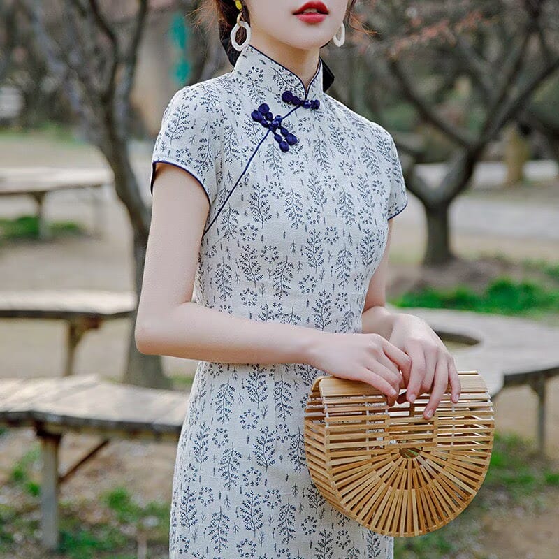 Beth and Brian Qipao-JM Emma Blue Floral Print Cotton Cheongsam With Short-Sleeve