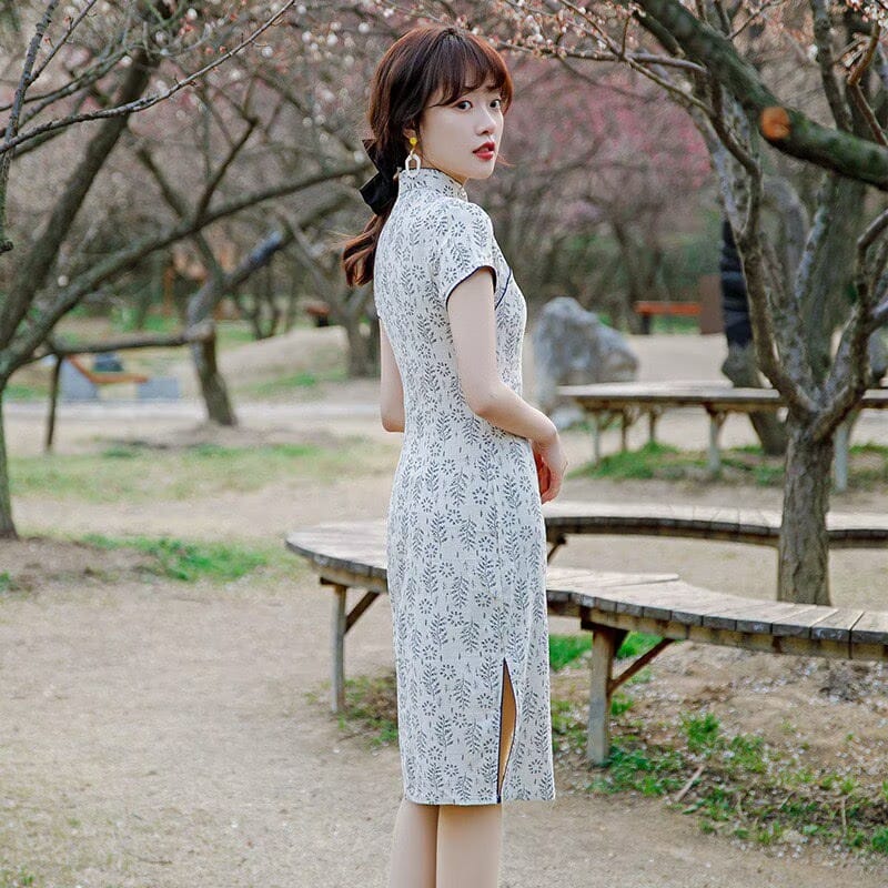 Beth and Brian Qipao-JM Emma Blue Floral Print Cotton Cheongsam With Short-Sleeve