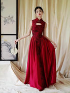 Beth and Brian Qipao-HJ Ruby Sleeveless Red Formal Qipao Dress with Neckline & Keyhole Cutout