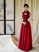 Beth and Brian Qipao-HJ Ruby Sleeveless Red Formal Qipao Dress with Neckline & Keyhole Cutout
