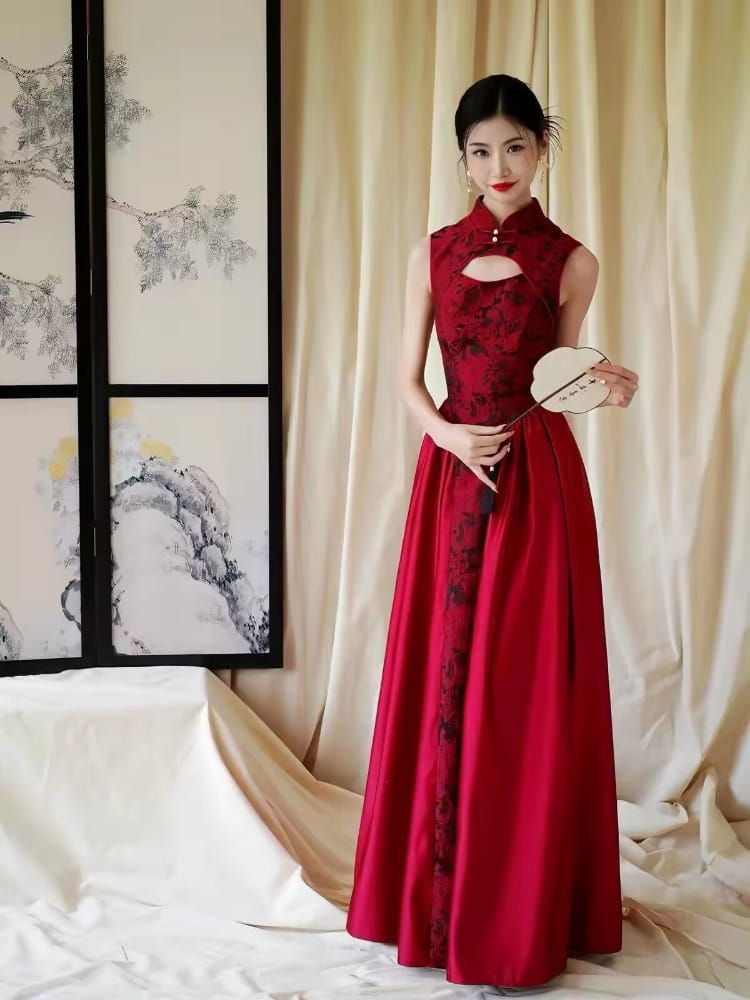 Beth and Brian Qipao-HJ Ruby Sleeveless Red Formal Qipao Dress with Neckline & Keyhole Cutout