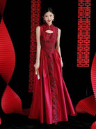 Beth and Brian Qipao-HJ Ruby Sleeveless Red Formal Qipao Dress with Neckline & Keyhole Cutout