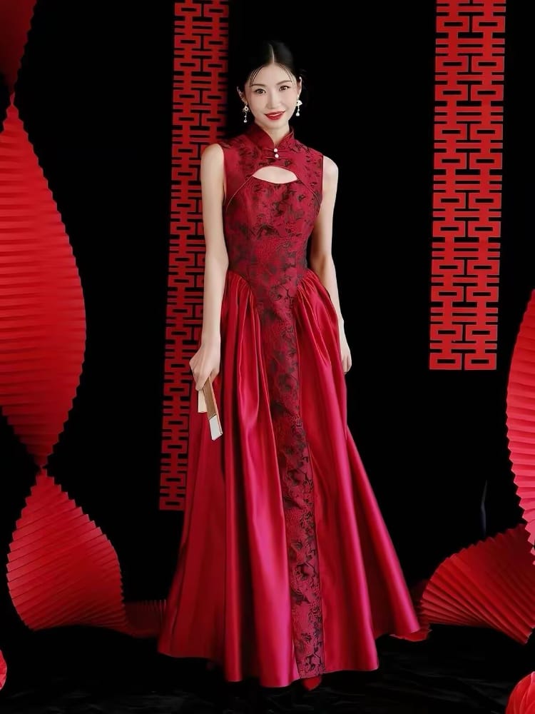 Beth and Brian Qipao-HJ Ruby Sleeveless Red Formal Qipao Dress with Neckline & Keyhole Cutout