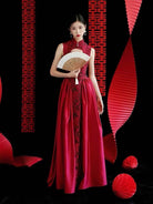 Beth and Brian Qipao-HJ Ruby Sleeveless Red Formal Qipao Dress with Neckline & Keyhole Cutout