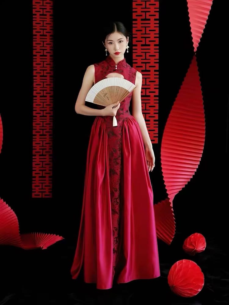 Beth and Brian Qipao-HJ Ruby Sleeveless Red Formal Qipao Dress with Neckline & Keyhole Cutout