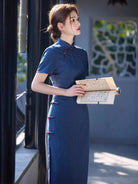 Beth and Brian Qipao-SWW Clara Indigo Bamboo Linen(仿竹节麻) Cheongsam with Mandarin Collar