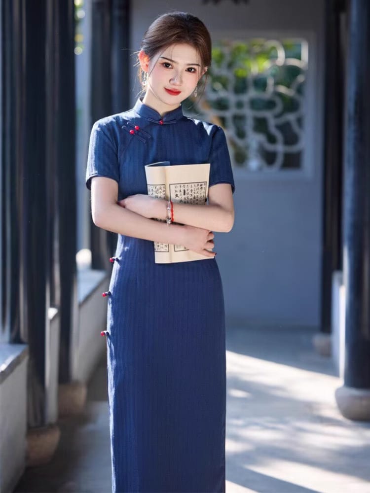 Beth and Brian Qipao-SWW Clara Indigo Bamboo Linen(仿竹节麻) Cheongsam with Mandarin Collar