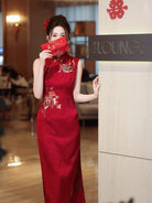 Beth and Brian Qipao-WX Luna’s Red Koi Embroidery, Sleeveless Midi Cheongsam
