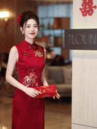 Beth and Brian Qipao-WX Luna’s Red Koi Embroidery, Sleeveless Midi Cheongsam