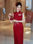 Beth and Brian Qipao-WX Luna’s Red Koi Embroidery, Sleeveless Midi Cheongsam
