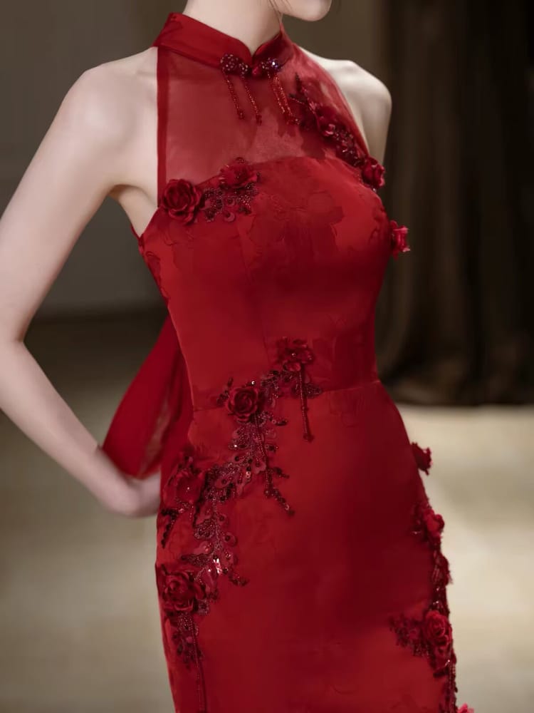 Beth and Brian Qipao-WX Chloe | Elegant Halter Red Mermaid Cheongsam