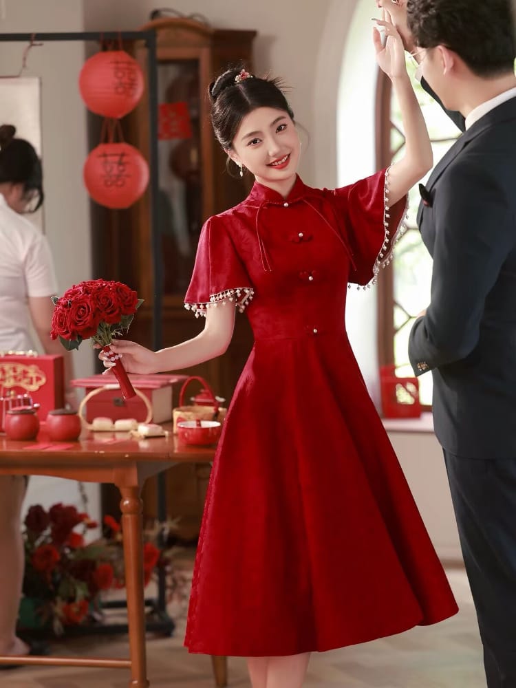 Beth and Brian Qipao-WX Luna | Elegant Red Midi Cheongsam  with Pearl-Trimmed Flounce Sleeves