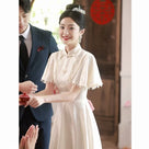 Beth and Brian Qipao-WX Luna | Elegant Red Midi Cheongsam  with Pearl-Trimmed Flounce Sleeves