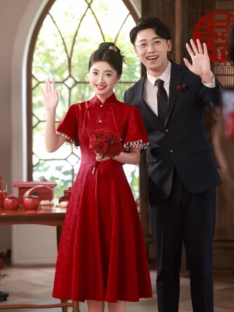 Beth and Brian Qipao-WX Luna | Elegant Red Midi Cheongsam  with Pearl-Trimmed Flounce Sleeves