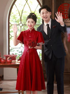 Beth and Brian Qipao-WX Luna | Elegant Red Midi Cheongsam  with Pearl-Trimmed Flounce Sleeves
