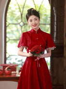 Beth and Brian Qipao-WX Luna | Elegant Red Midi Cheongsam  with Pearl-Trimmed Flounce Sleeves