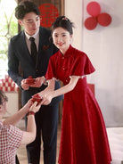 Beth and Brian Qipao-WX Luna | Elegant Red Midi Cheongsam  with Pearl-Trimmed Flounce Sleeves