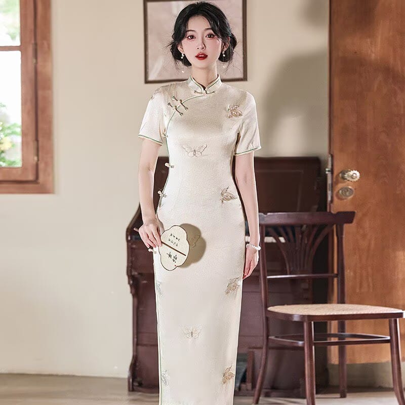 Beth and Brian Qipao-JM Hazel’s Sage Butterfly Jacquard Satin Cheongsam