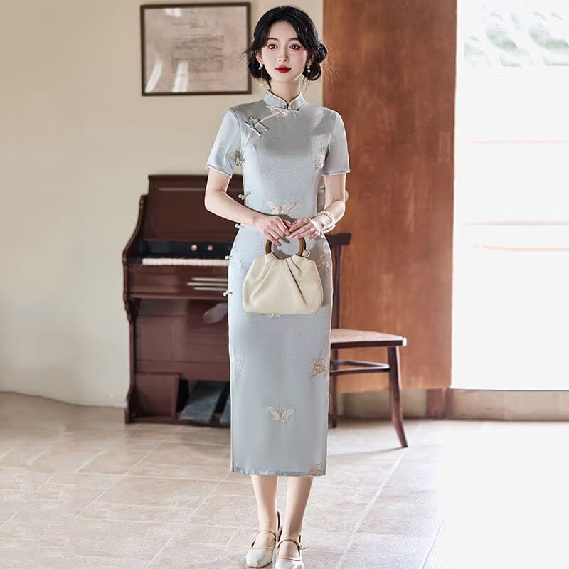Beth and Brian Qipao-JM Hazel’s Sage Butterfly Jacquard Satin Cheongsam
