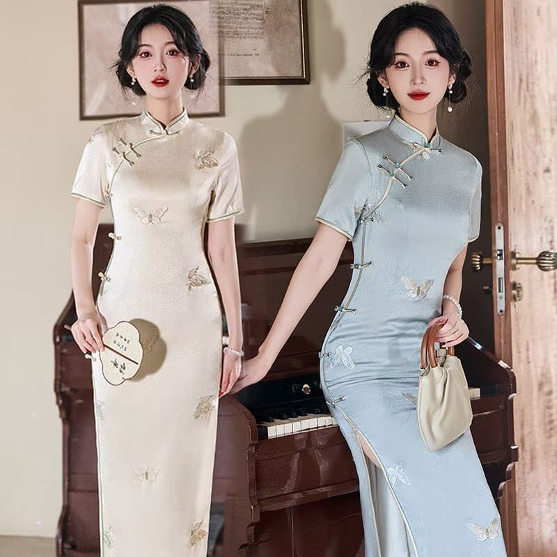Beth and Brian Qipao-JM Hazel’s Sage Butterfly Jacquard Satin Cheongsam