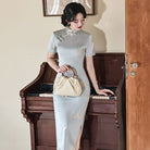Beth and Brian Qipao-JM Hazel’s Sage Butterfly Jacquard Satin Cheongsam