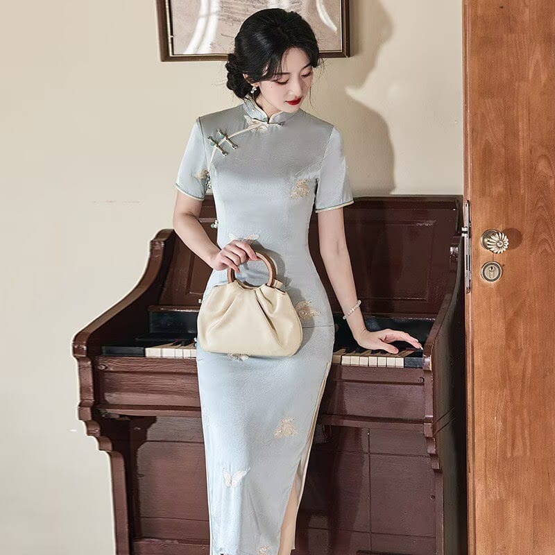 Beth and Brian Qipao-JM Hazel’s Sage Butterfly Jacquard Satin Cheongsam